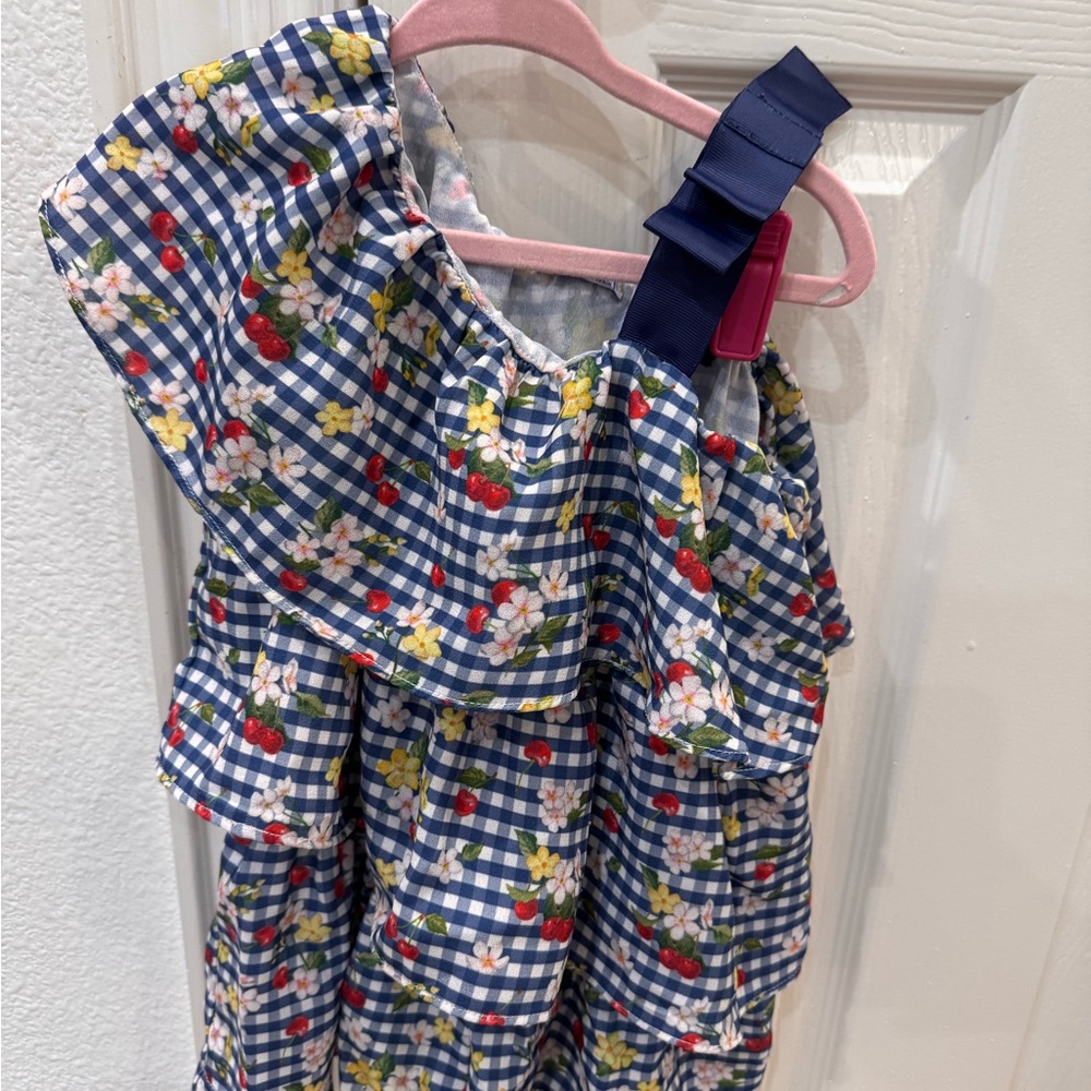 Mayoral Blue Gingham Floral one shoulder Romper with Ruffle